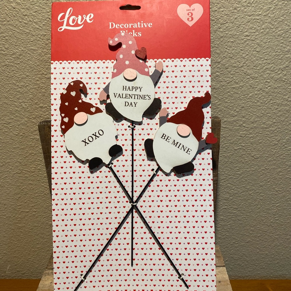 Valentine’s Day Gnome Picks Set Of 3, Gnome Decorative Metal Picks, Be Mine XOXO